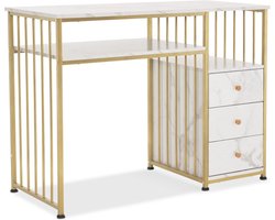 Moderne bureau met laden en kaptafel in marmer-wit met goud accent, multifunctionele nageltafel voor woonkamer en schoonheidssalon