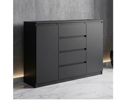 Moderne Commode 120 cm met 4 Lades en 2 Deuren - Zwart - Mobili Bella - Design Dressoir Kast / Ladekast / Opbergkast voor Woonkamer, Slaapkamer, Kinderkamer en Kantoor - Minimalistische Opbergoplossing- Mobili Bella