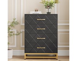 Moderne Commode met 4 Laden - Luxe Ladekast met Gouden Handgrepen - Metalen Poten - Houten Opbergkast voor Slaapkamer, Woonkamer & Hal - 92 cm Hoog - Zwart