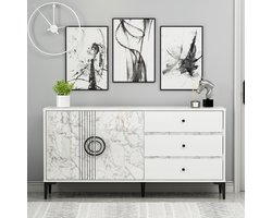 Moderne Console Dressoir en TV Kast met 2 Deuren en 3 Laden - Wit Marmer 150 x 78.5 x 40 cm - Stijlvol Meubel voor Woonkamer en Slaapkamer
