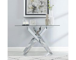 Moderne Consoletafel met Gehard Glas en Metalen Pootjes - 114,3 cm Zilver