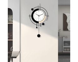 Moderne creatieve design muurklok van metaal + hout, decoratieve minimalistische stille reuzenmuurklok met pendule, art deco-stijl voor woonkamer, slaapkamer, kantoor, keuken en studeerkamer (klein formaat)