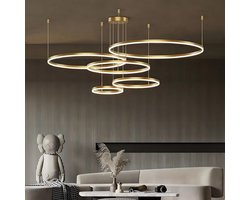 Moderne DIY Cirkel LED-Kroonluchter | 5 Bruin Ringen:20+40+60+80+100cm=130W | Metaal + Acryl LED-Hanglamp, 2.4G Dimbare Afstandsbediening | Ronde Plafondhanglamp Woonkamer Slaapkamer Eetkamer [Energieklasse A]