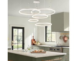 Moderne DIY Cirkel LED-Kroonluchter | 5 Bruin Ringen:20+40+60+80+100cm=130W | Metaal + Acryl LED-Hanglamp, 2.4G Dimbare Afstandsbediening | Ronde Plafondhanglamp Woonkamer Slaapkamer Eetkamer [Energieklasse A]