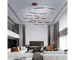 Moderne DIY Cirkel LED-Kroonluchter | 5 Bruin Ringen:20+40+60+80+100cm=130W | Metaal + Acryl LED-Hanglamp, 2.4G Dimbare Afstandsbediening | Ronde Plafondhanglamp Woonkamer Slaapkamer Eetkamer [Energieklasse A]