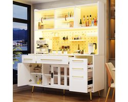 Moderne dressoir met LED-verlichting - hoge kast - opbergkast met perforatiebord - lades en glazen planken - wit
