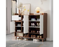 Moderne dressoir - schoenenkast 120x35x99 cm - grote opbergruimte - 1 lade - met verstelbare planken - wit en houtkleur