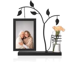 Moderne Dubbele Fotolijst 10x15 cm met Glazen Vaas en Metalen Boom Standaard - Zwarte Houten Lijst voor Twee Foto's - Desktop Decoratie voor Familie, Vrienden en Feestdagen