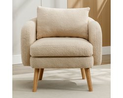Moderne, eenvoudige fauteuil van teddyfluweel met kussen, fauteuil met extra dikke kussens, fauteuil met één bank, gestoffeerde fauteuil, relaxfauteuil, stoel met massief houten poten