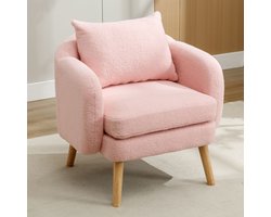 Moderne, Eenvoudige Teddy Fluweel Fauteuil Met Kussens, Extra Dikke Kussen Fauteuil, Enkele Bank Fauteuil, Gestoffeerde Fauteuil, Vrijetijdsstoel, Massief Houten Poten Stoel, Roze