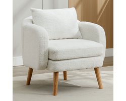 Moderne, Eenvoudige Teddy Fluweel Fauteuil Met Kussens, Extra Dikke Kussen Fauteuil, Enkele Bank Fauteuil, Gestoffeerde Fauteuil, Vrijetijdsstoel, Massief Houten Poten Stoel, Wit