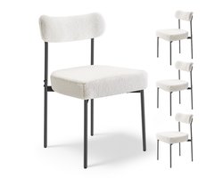 Moderne Eetkamerstoel (Set Van 4) Sherpa-Beklede Stoel (Draagvermogen 136 Kg) voor Eettafels, Compacte Keukenstoel met Ergonomische Rugleuning En Robuuste Zwarte metalen Poten, Wit Cafetaria