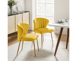 Moderne Eetkamerstoelen - Fluwelen Keukenstoelen met Comfortabele Zitkussens en Metalen Poten (2-pack, Geel)