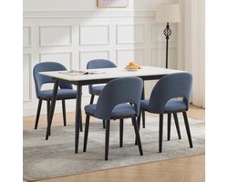 Moderne Eetkamerstoelen Set van 4 - Gestoffeerd Blauw met Houten Poten - Ergonomisch Design - Luxe Keukenstoelen - Farmhouse Stijl - Blauw