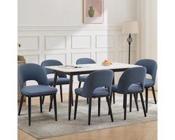 Moderne Eetkamerstoelen Set van 6 - Gestoffeerd Blauw met Houten Poten - Ergonomisch Design - Luxe Keukenstoelen - Farmhouse Stijl - Blauw