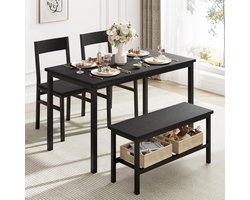 Moderne eettafelset voor 4 personen – ruimtebesparend meubel voor keuken en eetkamer, stevig metalen frame met opbergrek, perfect voor kleine appartementen, 4-delige set bestaande uit tafel, stoelen en bank