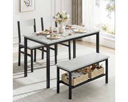 Moderne eettafelset voor 4 personen – ruimtebesparend meubel voor keuken en eetkamer, stevig metalen frame met opbergrek, perfect voor kleine appartementen, 4-delige set bestaande uit tafel, stoelen en bank