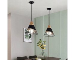 Moderne Elegante Hanglamp - Houten Accent - Zwart - 25 cm - Eetkamer Lamp - Kroonluchter - Zwart - Woonkamer Lamp