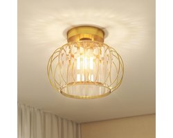Moderne en minimalistische LED-plafondlamp met kooiconstructie en 18 kristallen, in goudkleurig metaal, Ø27x19 cm