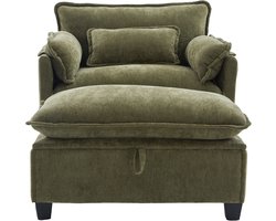 Moderne extra grote fauteuil met voetenbank en kruk, fluwelen loungestoel met zijvakken en kussens, comfortabele leesstoel voor woonkamer, slaapkamer en appartement（Groen)