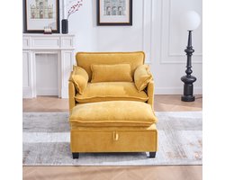 Moderne extra grote fauteuil met voetenbank en kruk, fluwelen loungestoel met zijvakken en kussens, comfortabele leesstoel voor woonkamer, slaapkamer en appartement（geel）