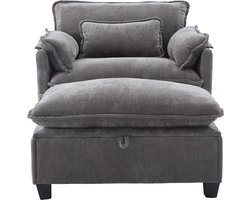Moderne extra grote fauteuil met voetenbank en kruk, fluwelen loungestoel met zijvakken en kussens, comfortabele leesstoel voor woonkamer, slaapkamer en appartement（Grijs）