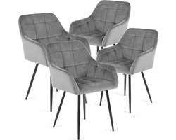 Moderne Fluwelen Eetkamerstoelen - Set van 4 Grijze Stoelen met Mid Armleuning en Metalen Poten