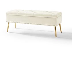 Moderne fluwelen opbergbank met gouden basis en studs - Gevoerde slaapbank voor entree en woonkamer (Wit)