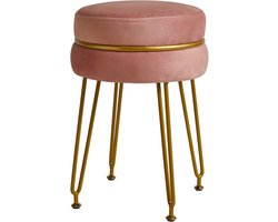 Moderne fluwelen ronde voetenbank, make-upstoel voor make-upkamer, ijdelheidskruk voetsteun met gouden poten, moderne accenten krukken voor slaapkamer, woonkamer, entree, kantoren, roze L/G-40P