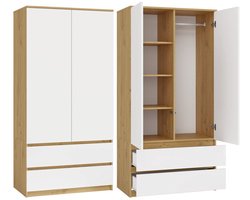 Moderne garderobekast MALWA SS-90 met TIP-ON, 5 planken en 2 lades | Artisan Eik/Wit | 90x180x50 cm
