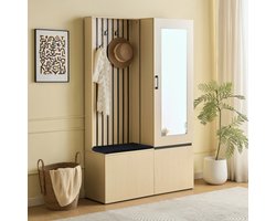 Moderne Garderobekast met Spiegel en Zitbank – Stijlvolle Halmeubel Set met Uittrekbare Kledingstang, Schoenenrek, 4 Haken en Zachte Zitbank 54x33x179,5 cm