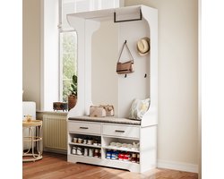 Moderne garderobekast met spiegel, halkast, compacte garderobekast, met 4 open schoenenkasten, 2 laden, geschikt voor deuropeningen, gangen, wit (2 pakketten)