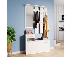 Moderne Garderobekast met Spiegel – Smalle Hal Kast 191 cm – Kapstok met Lade, Schoenenkast en Hoedenplank – Wit Mat Houtlook – Industrieel Design Halmeubel – Industrialhome