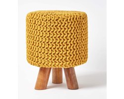 moderne gebreide zitkruk voetenbank Schemel 32 x 32 x 42 cm met gebreide katoenen bekleding en houten poten