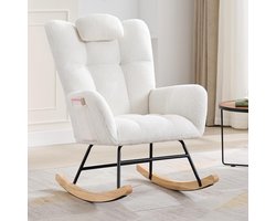 Moderne gestoffeerde schommelstoel voor de kinderkamer of woonkamer – Schommelstoel met hoge rugleuning, gevuld met fleece en een gewatteerde zitting – Gezellige schommelstoel met armleuningen, ideaal om in te lezen – Beige