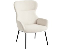 Moderne Gestoffeerde Stoel In Oorfauteuil-stijl, Hoge Rugleuning, Dikke Bekleding, Stalen Poten, Crèmewit