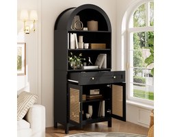 Moderne gewelfde Vitrine- en opbergkast 70x40x170 cm - Rotan deuren - 3 open presentatievakken - 2 deuren - 1 lade - Kantelbeveiliging - Zwart + naturel
