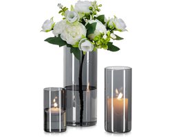 Moderne Glazen Cilinder Vazen Set van 3 - Decoratieve Vazen voor Bloemen, Tulpen en Pampasgras voor Woonkamer en Eettafel (10/15/20cm)