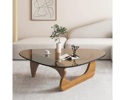 Moderne Glazen Driehoekige Salontafel voor Kleine Ruimtes – Unieke Abstracte Middentafel in Walnoot en Bruin