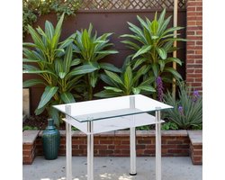 Moderne Glazen Eettafel met Marmerlook – Compacte Keukentafel 90x60 cm met RVS Poten & Opbergplank – Voor 2-4 Personen – Tribe