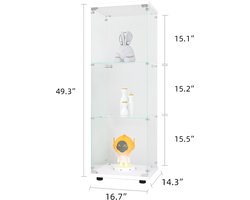 Moderne Glazen Vitrinekast met 3 Glazen Planken, 1 Deur met Veiligheidsslot, Gehard Glas, 125x42x36cm, Geschikt voor Woonkamer, Slaapkamer, Kantoor (Wit)