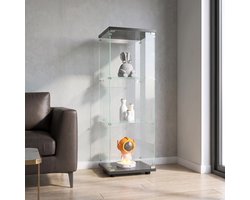 Moderne Glazen Vitrinekast met 3 Glazen Planken, 1 Deur met Veiligheidsslot, Gehard Glas, 125x42x36cm, Geschikt voor Woonkamer, Slaapkamer, Kantoor (Zwart)