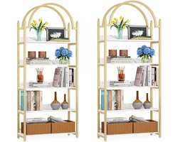 Moderne Gouden Metalen Boekenplank - 72 Inch 5-Tier Etagere met Witte Faux Marmeren Planken