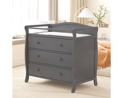 Moderne grijze houten commode – 3 ruime lades, veiligheidsgordel en zijhekken – Omvormbare verschoontafel – Kinderkamerkast met veel opbergruimte – 99 × 90 × 58 cm