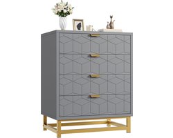 Moderne Grijze Ladekast met 5 Laden - Gouden Handgrepen & Metalen Poten - Stijlvolle Commode voor Slaapkamer, Woonkamer en Hal - 60 cm Breed