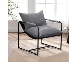 Moderne grijze leesstoel – Extra grote lounge stoel voor woonkamer, slaapkamer & werkkamer, metalen frame, draagvermogen 226 kg