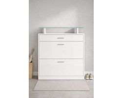 Moderne Halmeubel Schoenenkast met LED Verlichting – Schoenenrek met 2 Deuren, Lade & Glazen Plank – Ruimtebesparend Design 89x105x24 cm – Wit Glanzend | Ganeey
