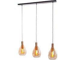 Moderne Hanglamp Dorato | 3 lichts | goud / zwart | glas amber / metaal | Ø 18,5 cm | in hoogte verstelbaar tot 150 cm | eetkamer / eettafel lamp | modern / sfeervol design | lengte van 100 cm