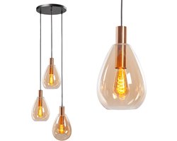 Moderne Hanglamp Dorato | 3 lichts | goud / zwart | glas amber / metaal | Ø 18,5 cm | in hoogte verstelbaar tot 185 cm | eetkamer / eettafel lamp | modern / sfeervol design | getrapt