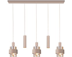 Moderne Hanglamp Marrone | 5 lichts balk 120 cm x 10 cm | zand / beige | glas amber / metaal | Ø 14 cm | in hoogte verstelbaar tot 160 cm | eetkamer / eettafel lamp | modern / sfeervol design